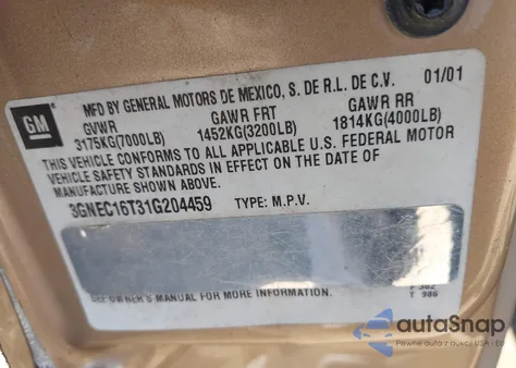 2001 Chevrolet Suburban 1500 Lt from USA, damaged, VIN 3GNEC16T31G204459